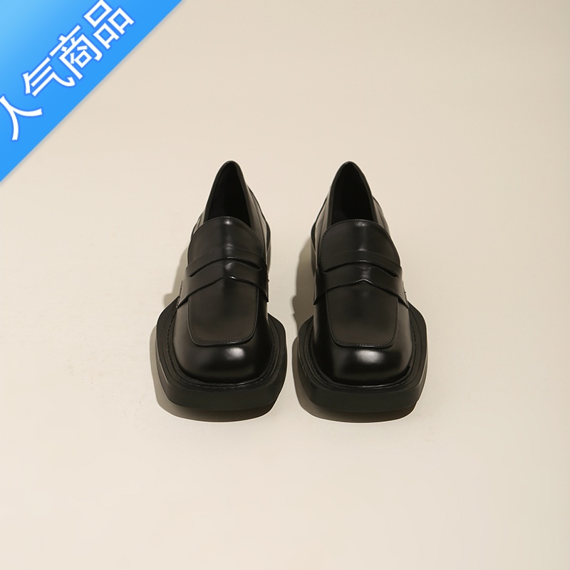 SUNTEK春夏英伦风单鞋乐福鞋女鞋新款2023厚底方头粗跟中跟显瘦小皮鞋女高清大图