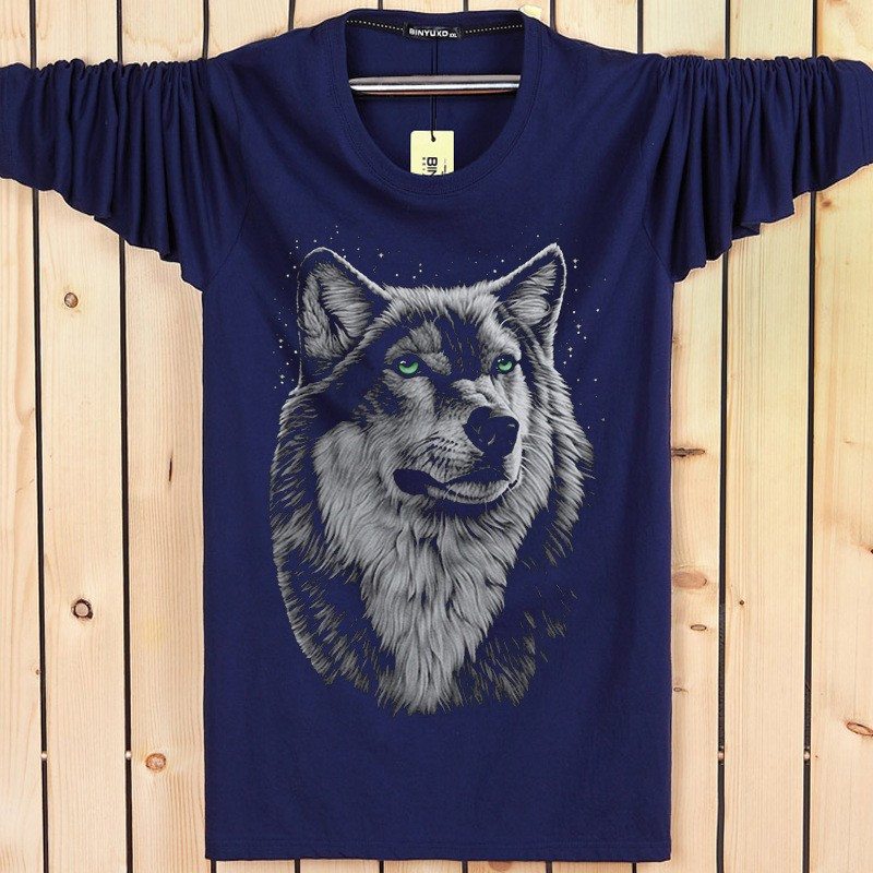 90-220斤春秋新款长袖t恤男青年个性3d狼头大码宽松