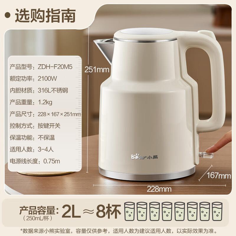 小熊(Bear)烧水壶 电热水壶 电水壶家用 2L大容量316L不锈钢 智能双层 ZDH-F20M5高清大图