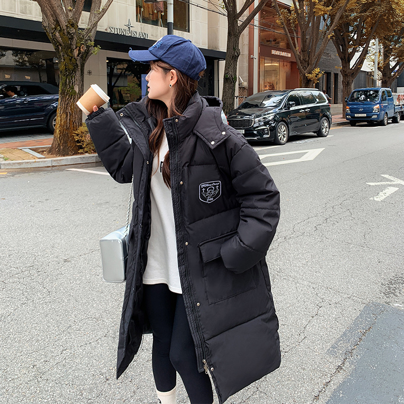 2023冬季韩剧女学生黑色棉服连帽过膝中长款羽绒棉衣加厚棉袄外套高清大图