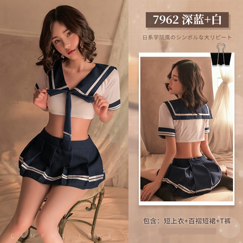 霏慕(Fee et moi)性感情趣内衣甜美露腰学生装水手服大码性感短裙制服套装女式情趣睡衣成人用品 均码7962【短上衣-百褶短裙-T裤】 均码