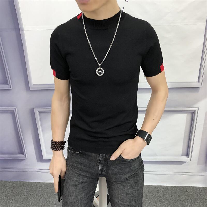 秋短袖T恤男中高领线衣韩版修身港风纯打底袖针织衫潮
