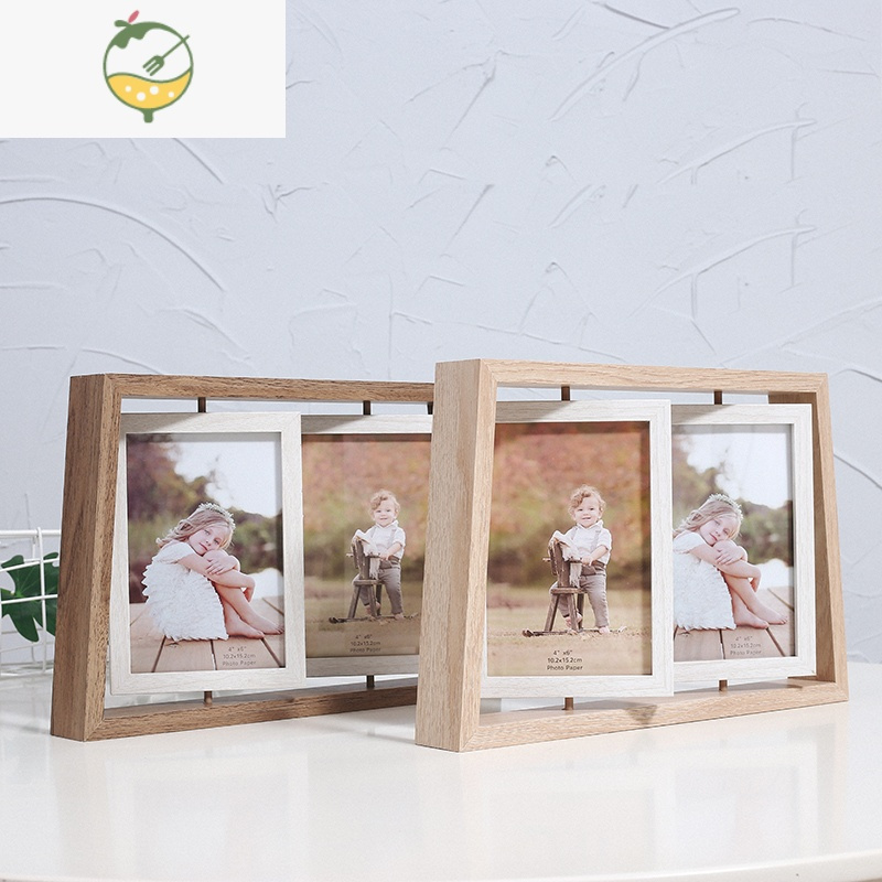 yicheng创意北欧式6寸木质双面旋转相框摆台连体相架多张组合照片像框