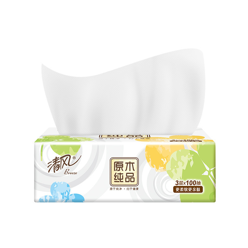 清风抽纸四叶草整箱3层100抽餐巾纸原木纯品卫生纸擦手纸抽纸巾家庭装家用 原木纯品[6包整提装]