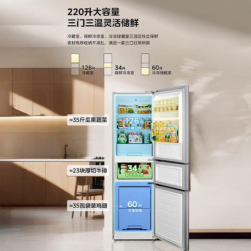 美的(Midea)231三门冰箱灰色一级能效租房家用宿舍小型冰箱三开门三温低耗省电低音运行MR-231T 钛钢灰-星烁高清大图