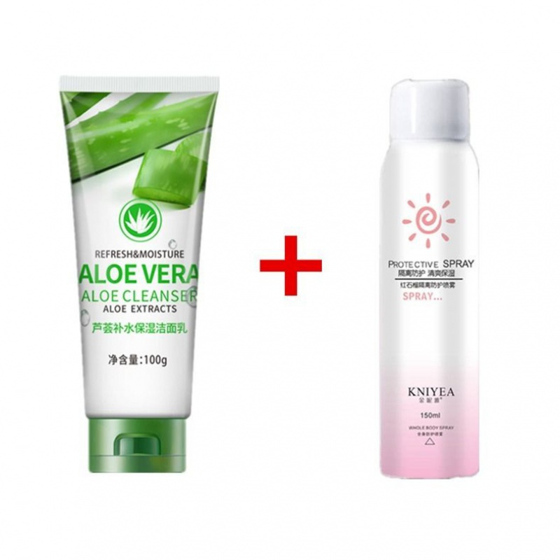 芦荟洗面奶补水保湿控油祛斑淡痘印收缩毛孔深层清洁面乳男女 芦荟洗面奶+防晒喷雾150ml