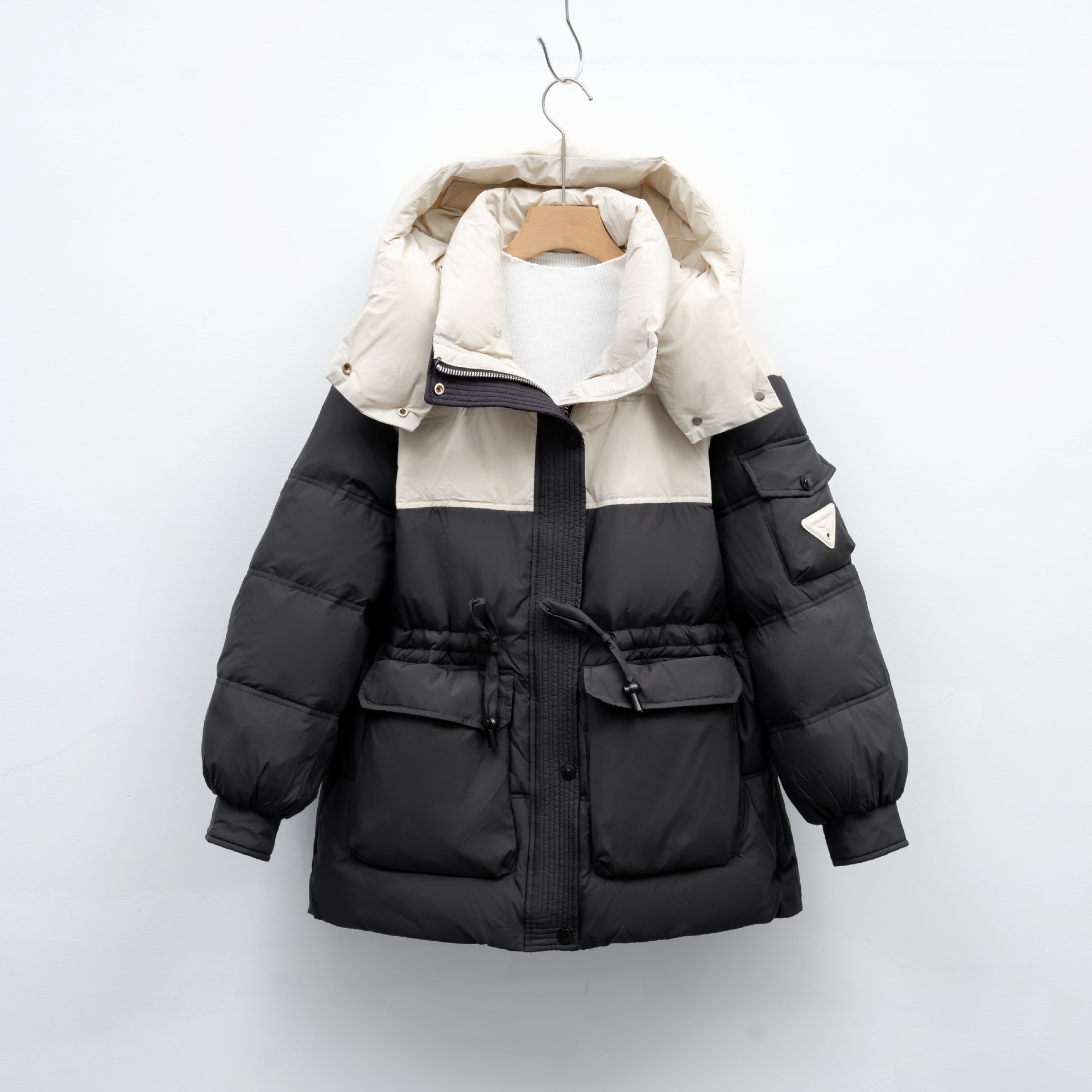 宽松拼色连帽保暖冬季面包服白鸭绒拉链长袖加厚羽绒服外套 黑色 L