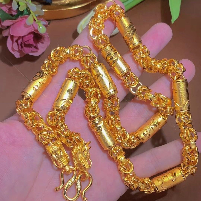 越南沙金项链男霸气龙头龙凤桶珠链布纹龙麻花男士布纹龙金店同款送女朋友老婆情人节七夕生日礼物