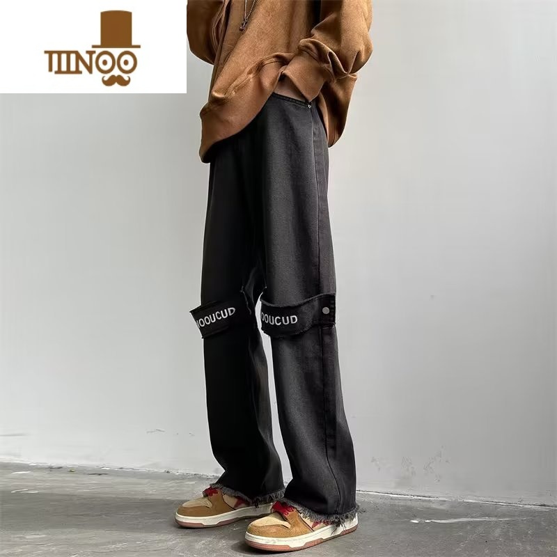 YANXU美式高街做旧牛仔裤男设计感毛边贴布直筒裤ins潮牌复古阔腿裤筒高清大图