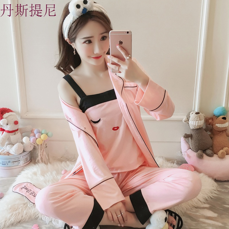 睡衣女春秋季长袖纯棉韩版女士性感带三件套装夏季薄款家居服冬