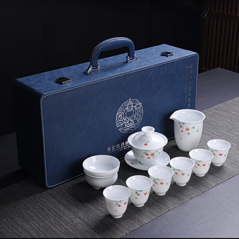 拓牌10头亮光羊脂玉瓷手绘 好柿连连高清大图