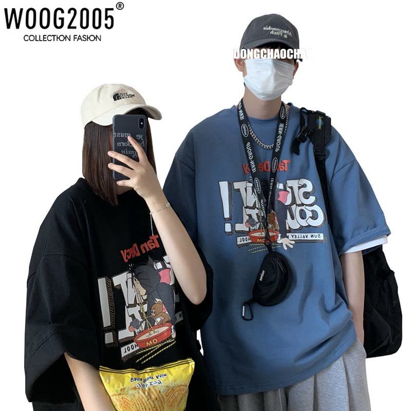 WOOG2005白色短袖男夏季上衣纯棉t恤oversize青少年情侣体恤半袖图片