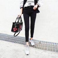 牛仔裤女夏2021秋季新款韩版紧身薄款高腰修身显瘦多扣毛边小脚裤 纯黑色毛边小脚 S 建议80-95斤左右