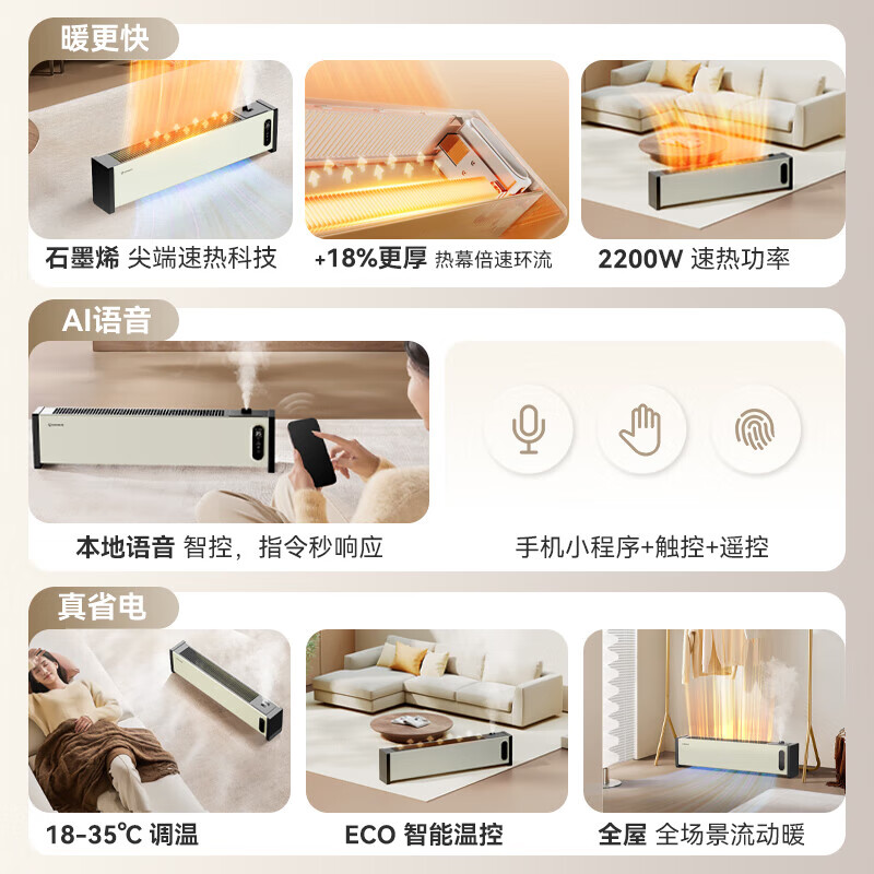 艾美特(Airmate)踢脚线取暖器石墨烯速热2200W功率居浴两用智能温控预约定时移动地暖HD22-SRU63 语音款高清大图