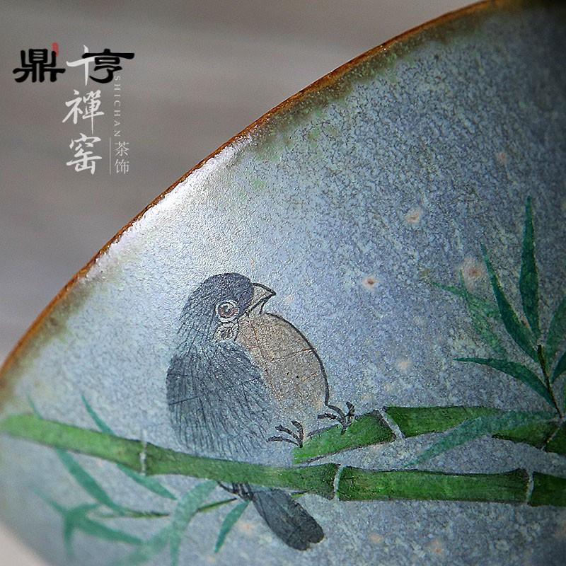 鼎亨十禅窑 景德镇手绘竹鸟主人杯 粗陶汝窑开片单杯品茗杯 功夫