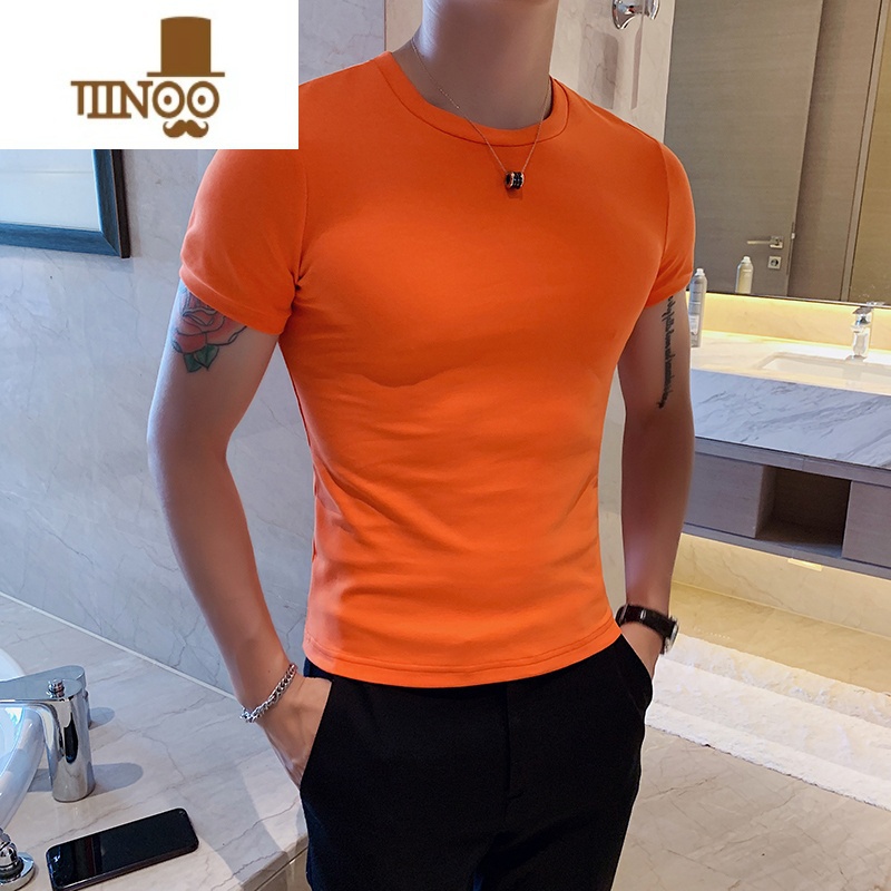 YANXU夏季新款个性时尚修身短袖男T恤韩版紧身圆领打底衫白t血桖潮半袖高清大图