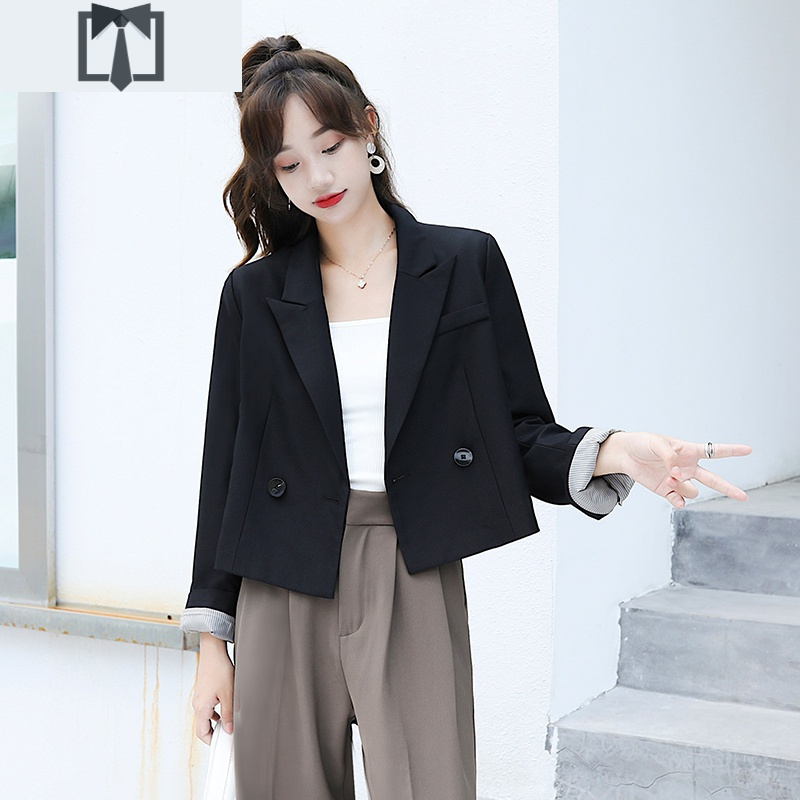 suntek黑色西装外套女短款职业气质小个子150cm韩版宽松休闲西服上衣