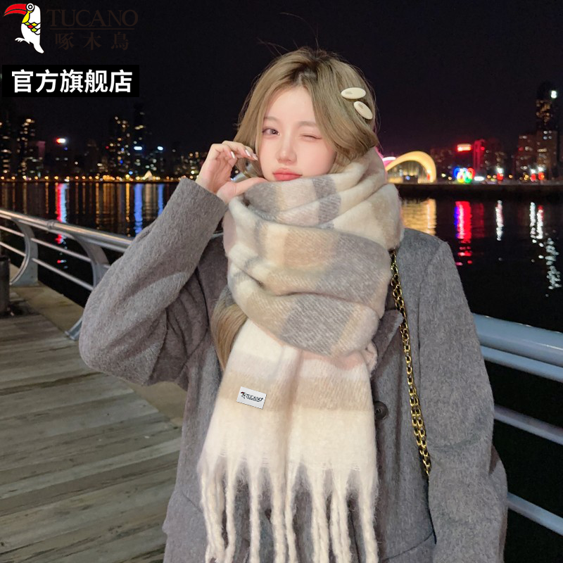 啄木鸟2024冬新款条纹围巾女生保暖加长加大加厚美拉德氛围感围巾高清大图