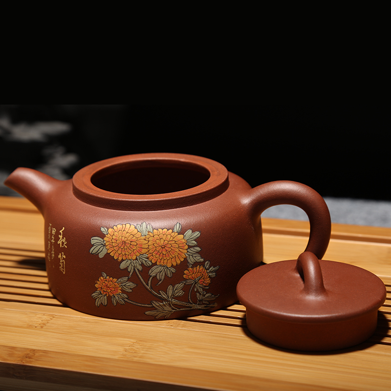[国工瞿军强]金镶玉紫砂壶手绘秋菊 全手工收藏级宜兴紫砂茶壶 茶具 曼生井栏壶250ml