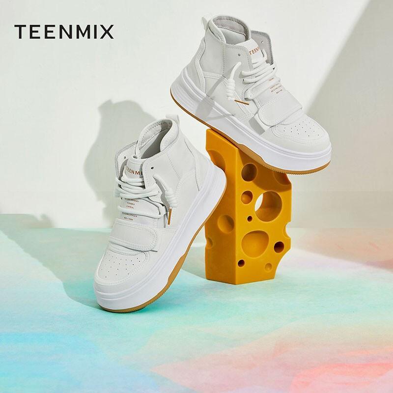 天美意Teenmix春厚底高帮小白鞋运动风女休闲鞋BB931AD2