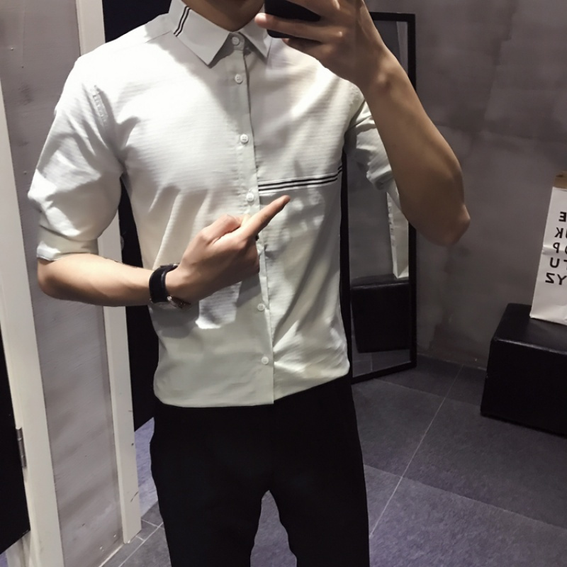 亚麻衬衫中袖五分袖夏款棉服韩版时尚男士衬衣2018新款短袖男