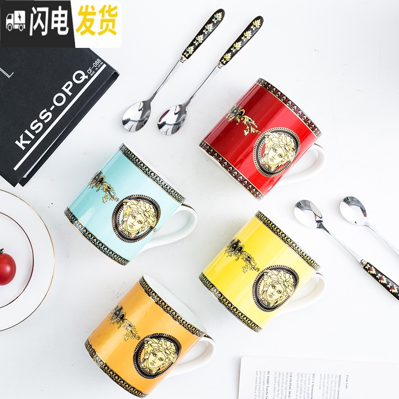 三维工匠欧式范陶瓷大号马克杯复古红色家用骨瓷咖啡牛奶杯送勺美式茶水杯高清大图