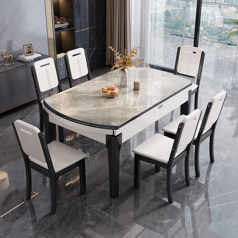 欧梵森 餐桌 意式岩板餐桌轻奢实木餐桌椅组合现代简约家用小户型可伸缩折叠圆桌长方形饭桌子 一桌六椅（实木餐椅） 1.2米【多色可选，拍下请备注】