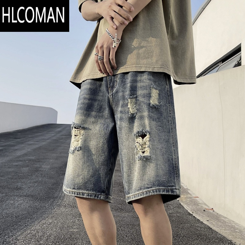 HLCOMAN美式休闲复古乞丐破洞牛仔短裤男宽松潮流痞帅五分裤夏季薄款中裤