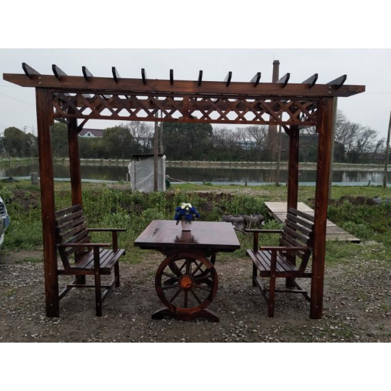 森美人防腐木屋凉亭葡萄架户外庭院桌椅休闲家具花园碳化实木爬藤花架 A款普通款75宽车轮桌