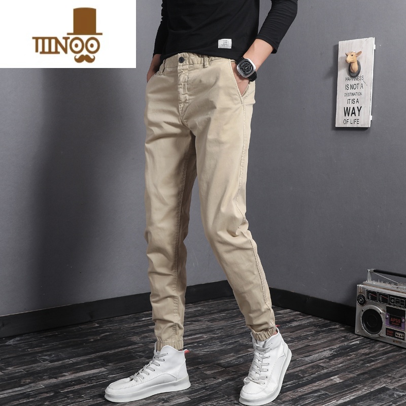 YANXU美式复古束脚潮牌休闲裤男修身小脚卡其百搭韩版潮流秋季男士裤子高清大图
