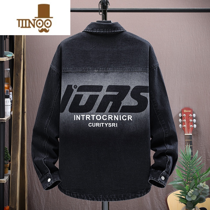 YANXU牛仔衬衫男长袖宽松潮牌上衣服休闲痞帅青少年翻领夹克外套高清大图