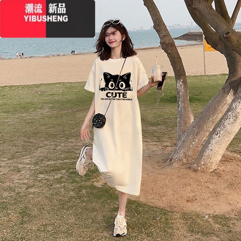 YIBUSHENG大码短袖连衣裙女季胖mm加肥宽松过膝T恤裙舒适半袖长款裙高清大图