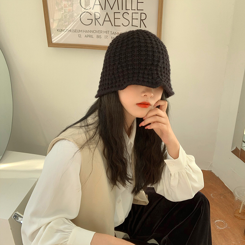 盛世尼曼日系ju显脸小的网红款毛线针织帽盆帽日系水桶帽女适合圆脸渔夫帽帽子