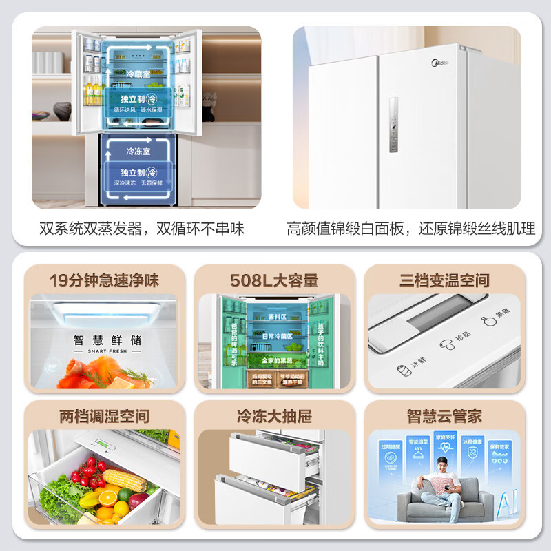 美的(Midea)19分钟急速净味508升变频一级能效法式四开门双系统双循环多门冰箱大容量BCD-508WTPZM(E)