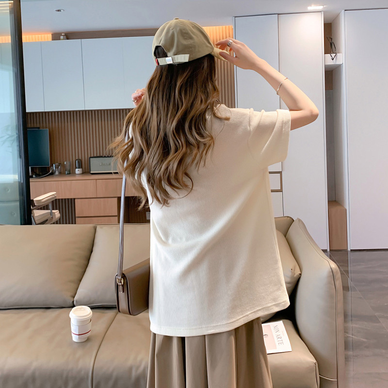 唐狮清凉夏季t恤女新款小众设计感华夫格织标上衣宽松小衫ins
