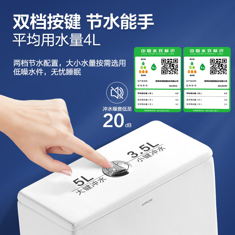 箭牌卫浴(ARROW) 喷射虹吸式马桶 轻奢缓降盖板座便器 上按两段节水陶瓷坐便 连体地排式陶瓷坐便器