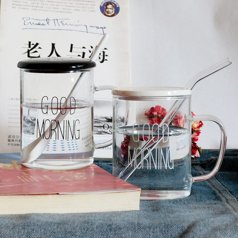 美帮汇茶杯简约透明耐热玻璃杯带盖勺个性咖啡马克杯带把办公室情侣早餐杯子高清大图