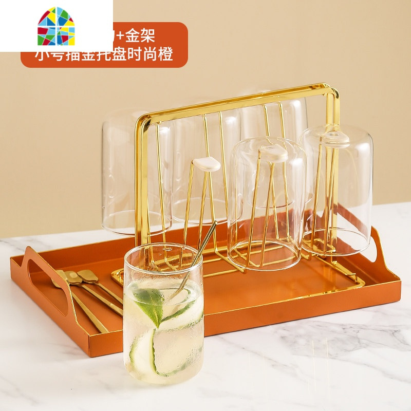 凉水壶玻璃可高温大容量 冷水壶套装北欧创意 家用水杯凉白开水壶 FENGHOU 6杯6方勺+金架+小号描金托盘时尚橙