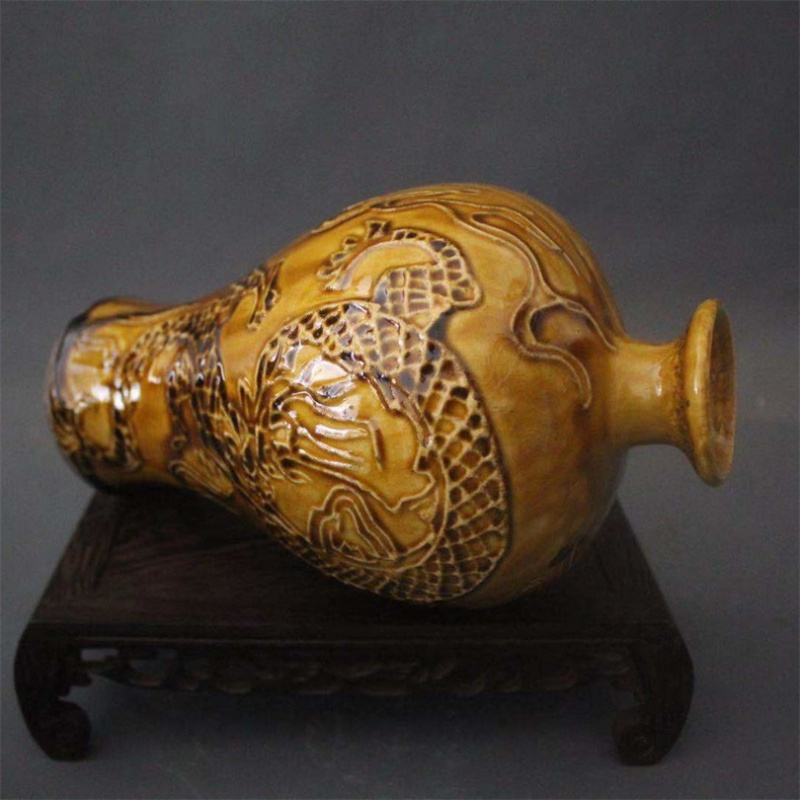 美帮汇光绪釉龙凤呈祥刻梅瓶家居装饰展柜摆件收藏做旧仿古瓷器高清大图
