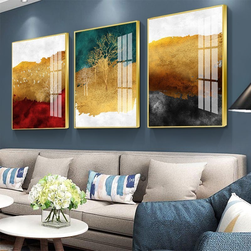 北欧客厅装饰画大气沙发后面的背景墙壁画三联画轻奢挂画抽象墙画 jc91（金色边框） 30*50cm三联套装（建议_632