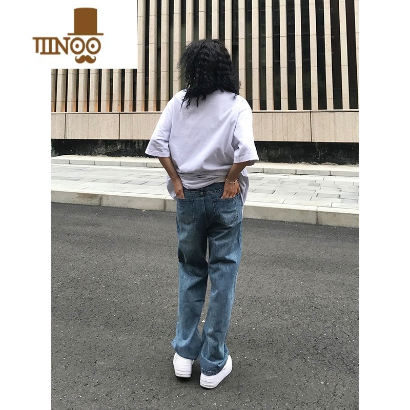 YANXU美式高街复古蓝直筒牛仔裤男潮牌宽松垂感阔腿拖地休闲长裤腿高清大图