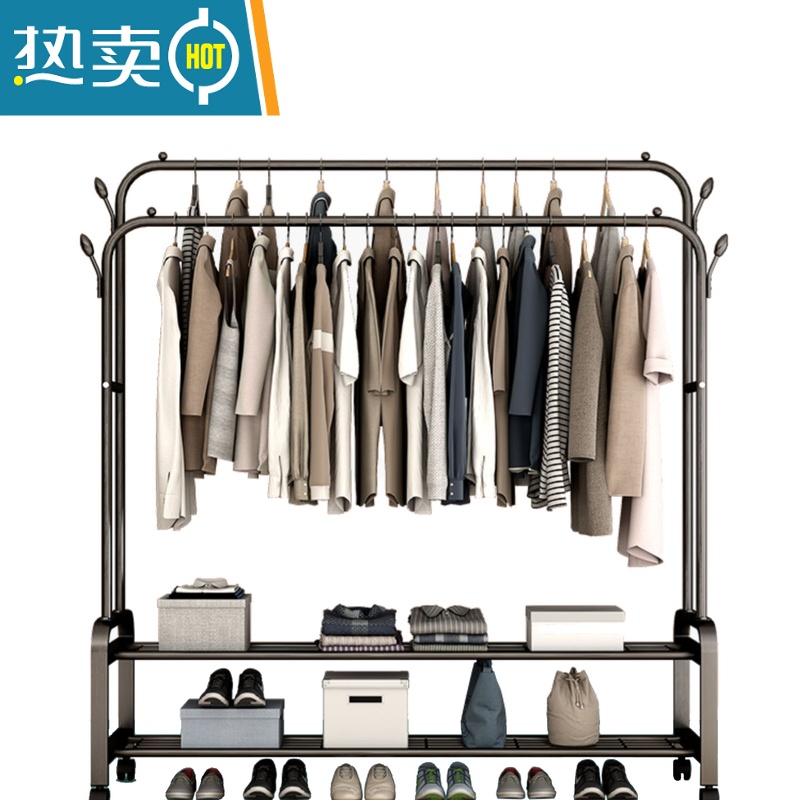 敬平双杆式晾衣架简易衣帽架落地室内置地挂衣架子家用卧室衣服收纳架 [单杆]150cm白色+单层置物网 固定底座高清大图