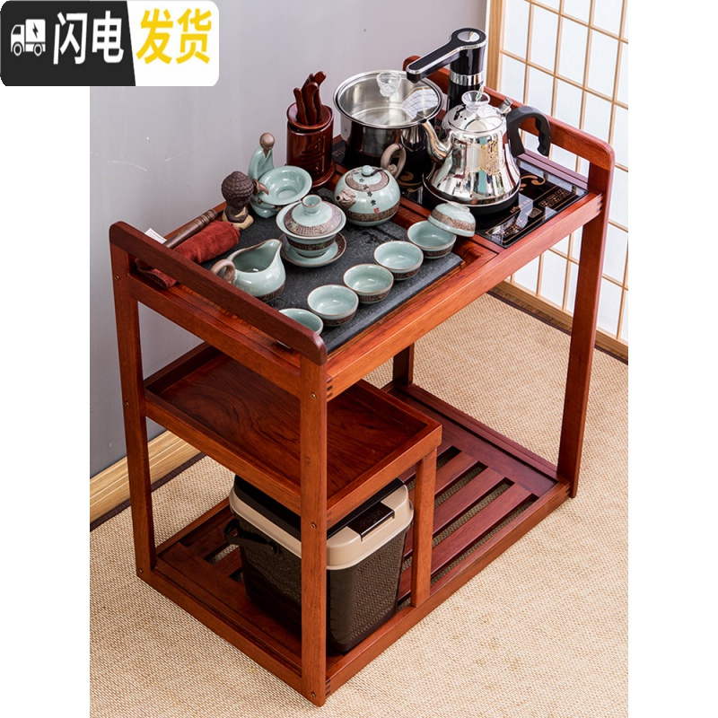 三维工匠移动茶台茶车茶具套装乌金石茶盘自动电磁炉家用茶水柜实木小茶桌 禅字石茶车自动炉-紫砂扁壶套装