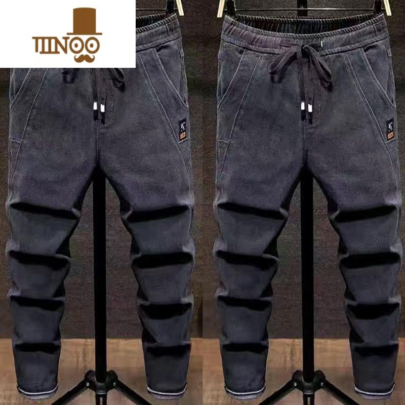 YANXU款松紧腰牛仔裤男宽松直筒弹力长裤子韩版百搭系带男士休闲休高清大图