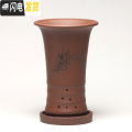三维工匠宜兴紫砂花盆兰花盆原矿手工桌面地面 古典竹节漂口兰花盆 红色高雅云竹+托SL010 小