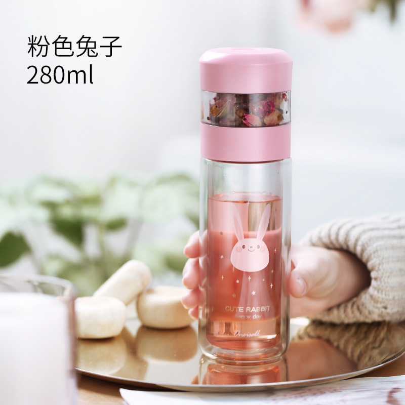 家柏饰(CORATED)双层茶水分离玻璃杯女便携茶叶泡茶杯水杯好看的杯子 粉色兔子新款-280ml高清大图