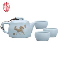 东道 汝窑 青瓷陶瓷 套装茶具 一马当先小茶组 一壶三杯 开片可养 天青色
