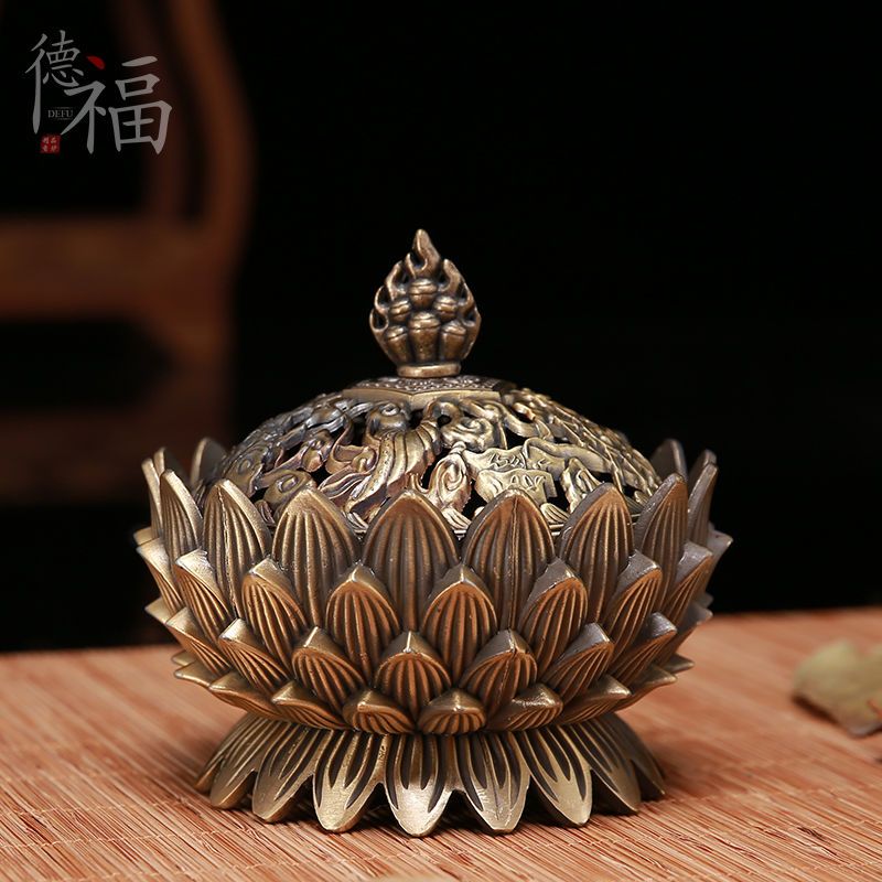 青铜色铝合金 中号 仿古合金铜檀香盘香香薰炉檀香炉莲花熏香炉香道香插茶道摆件室内