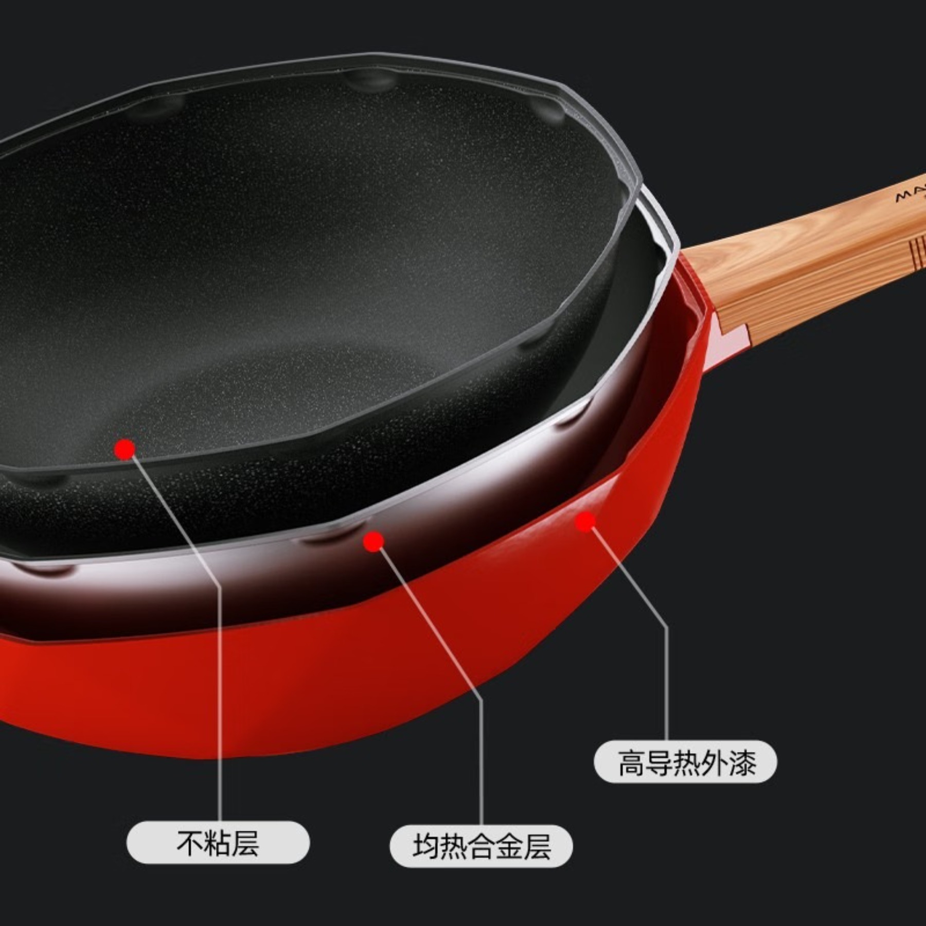 Macaiiroos炒锅麦饭石色不粘锅家用炒菜锅平底深煎锅燃气 MC-C30L7(红) 30cm高清大图