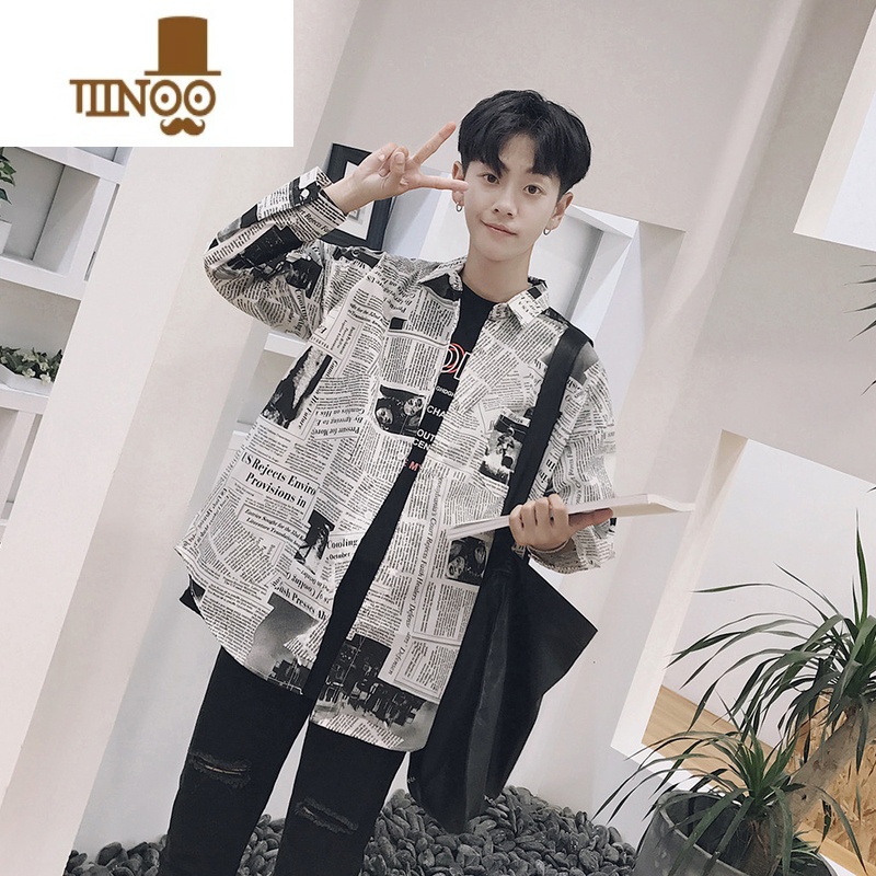 YANXU原宿风报纸衬衫男秋季ins潮牌韩版潮流bf长袖设计感休闲百搭外套 报纸衬衫长图色 3XL
